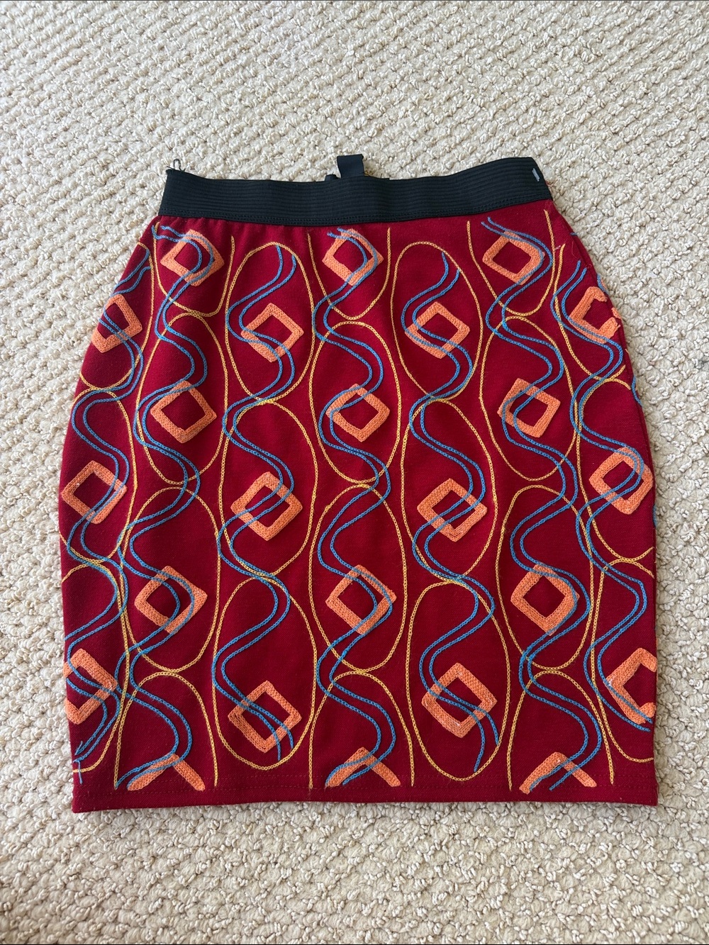 Revamped Red Knit Pencil Skirt with Multicolor Embroidery